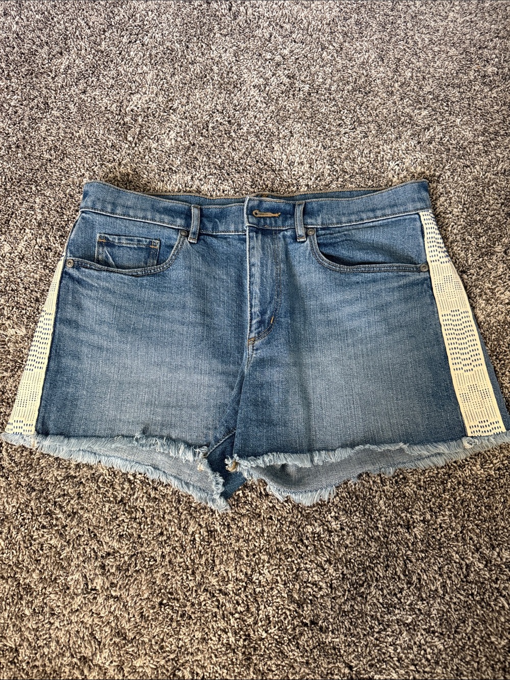 LOFT Blue Denim Shorts with Cream/Navy Side Panels.
